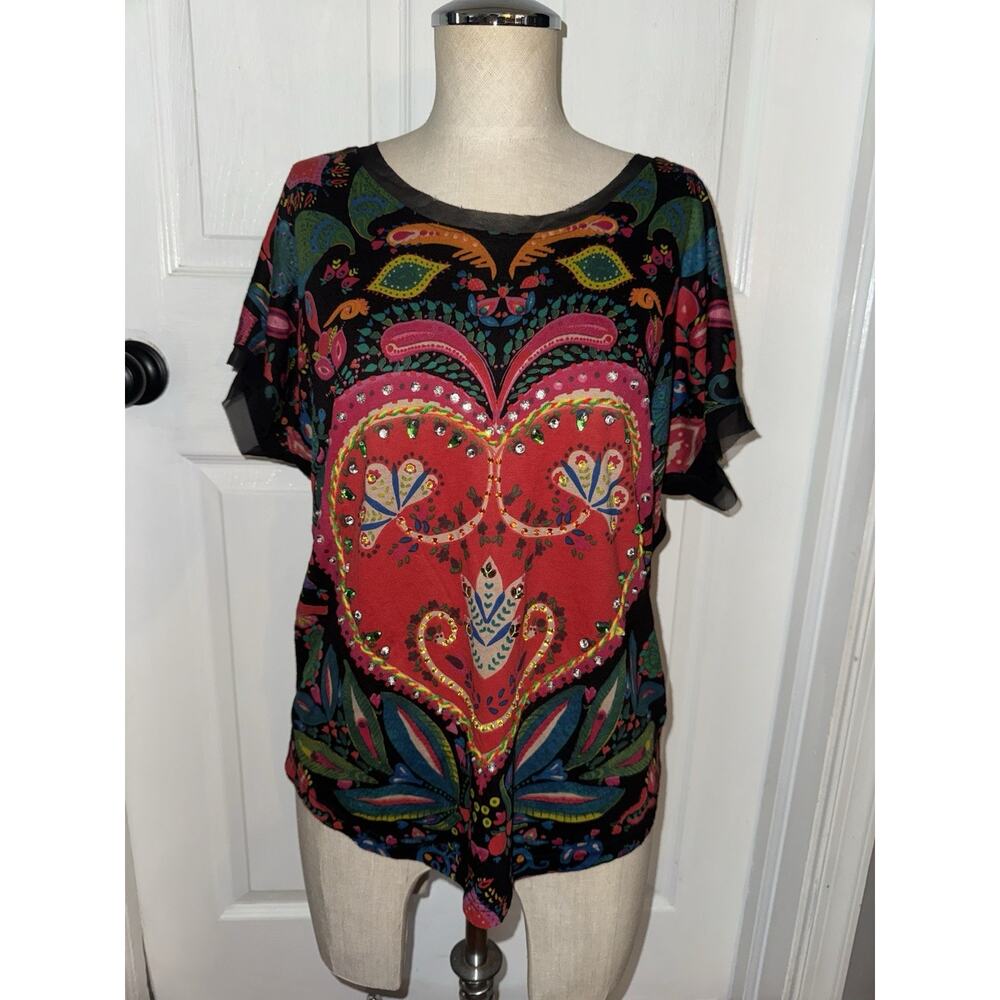 Desigual Women’s Heart Colorful‎ Blouse Black Size S Small Floral Art Beaded